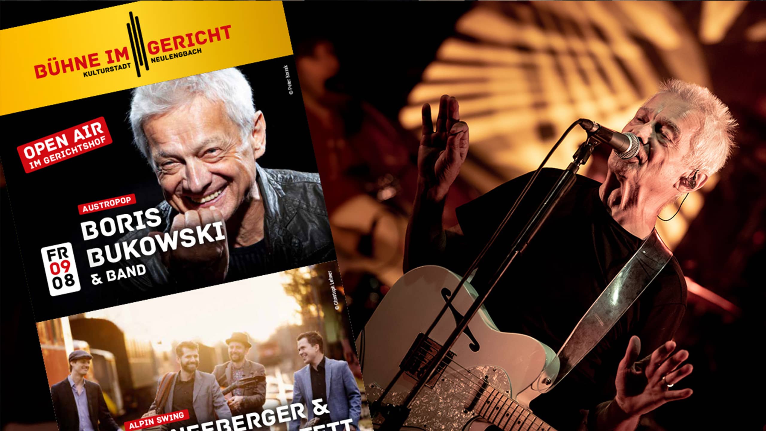 Werbeplakat und Bühnenaufnahme von Boris Bukowski bei einem Open-Air-Konzert in Neulengbach – stimmungsvolles Beispiel, wie Städte gezielt City Events planen und kulturell positionieren.