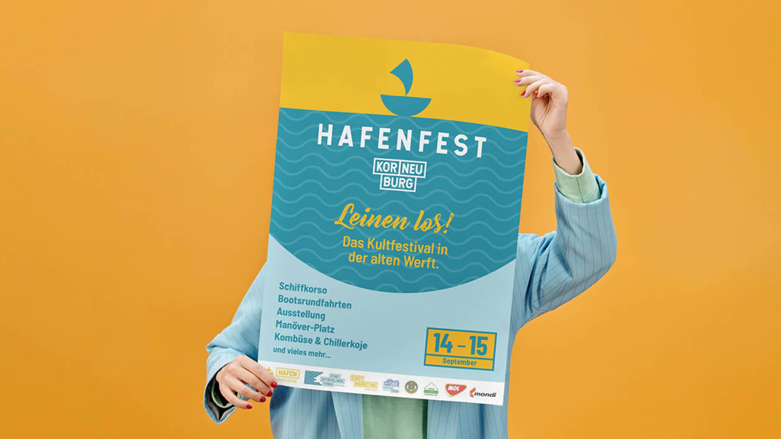 Plakat zum Hafenfest Korneuburg mit dem Slogan ‚Leinen los!‘ – Stadt als Bühne für Kulturerlebnisse und emotionale Markenbindung.