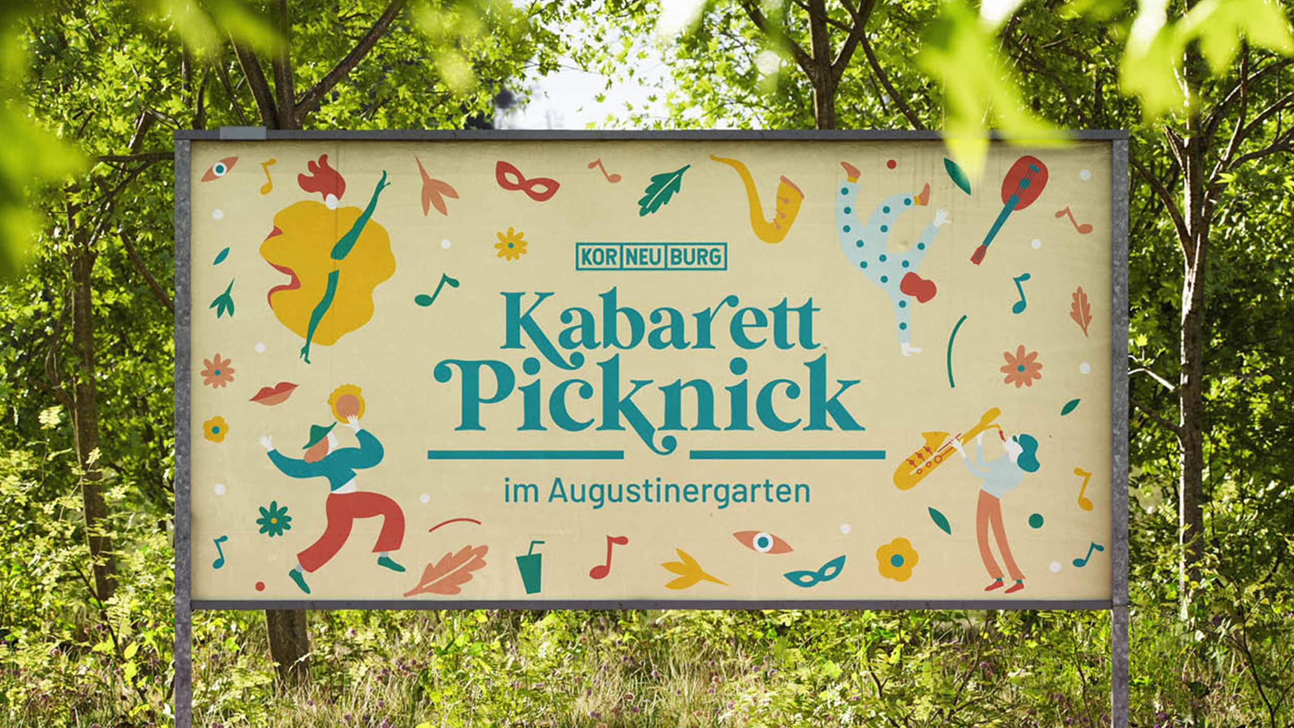 Werbeplakat für das Kabarett Picknick Korneuburg – bunte Illustrationen und Naturkulisse als Ausdruck kreativer Stadtkommunikation.