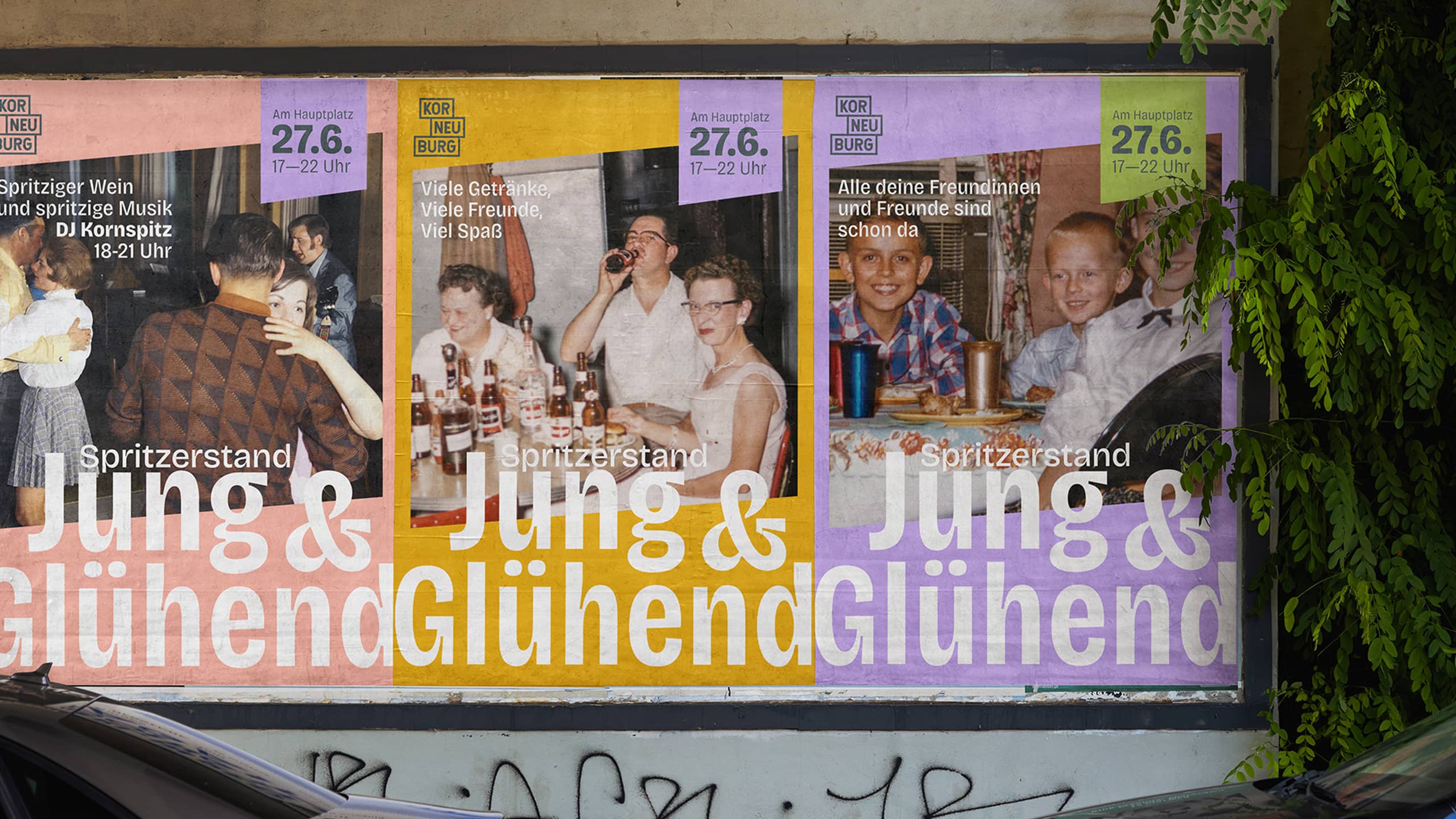 Vintage-inspirierte Plakatserie zum Spritzerstand ‚Jung & Glühend‘ in Korneuburg – humorvolle Eventkommunikation mit Retro-Charme.