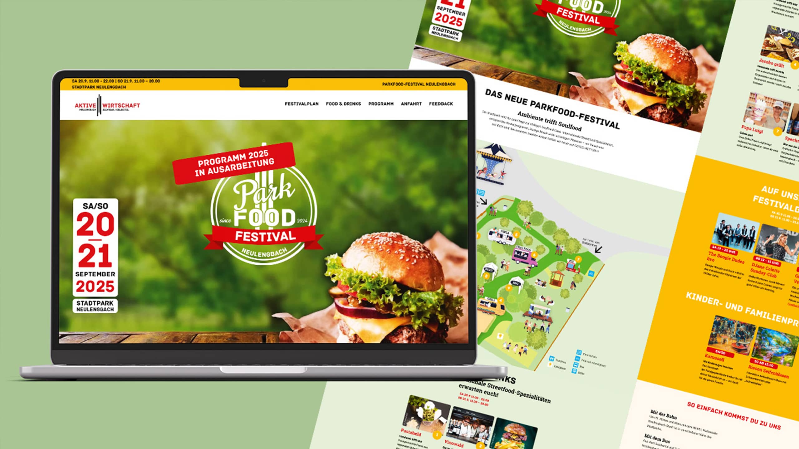 Online-Auftritt und Programmübersicht des Parkfood-Festivals Neulengbach – ein gelungenes Beispiel dafür, wie Städte City Events planen, digital kommunizieren und als Erlebnismarken aufbauen.