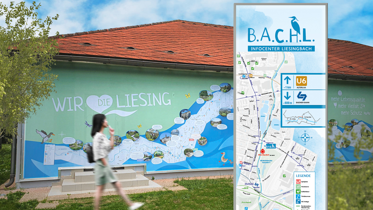 Bachl_FassadeStele_1280x720_1 Infostele beim B.A.C.H.L. Infocenter in Wien mit Übersichtskarte des Liesingbachs, Anbindung an U6 und Badner Bahn, und Wandbild zur Naturraumgestaltung