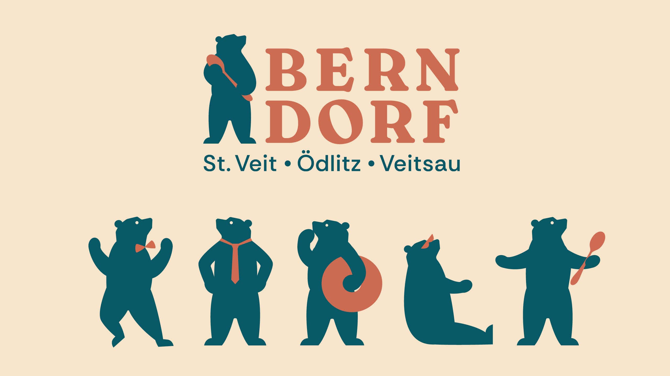 Logo der Stadtmarke Berndorf mit ikonischem Bärenmaskottchen in verschiedenen Posen – modernes Stadtbranding für St. Veit, Ödlitz und Veitsau.