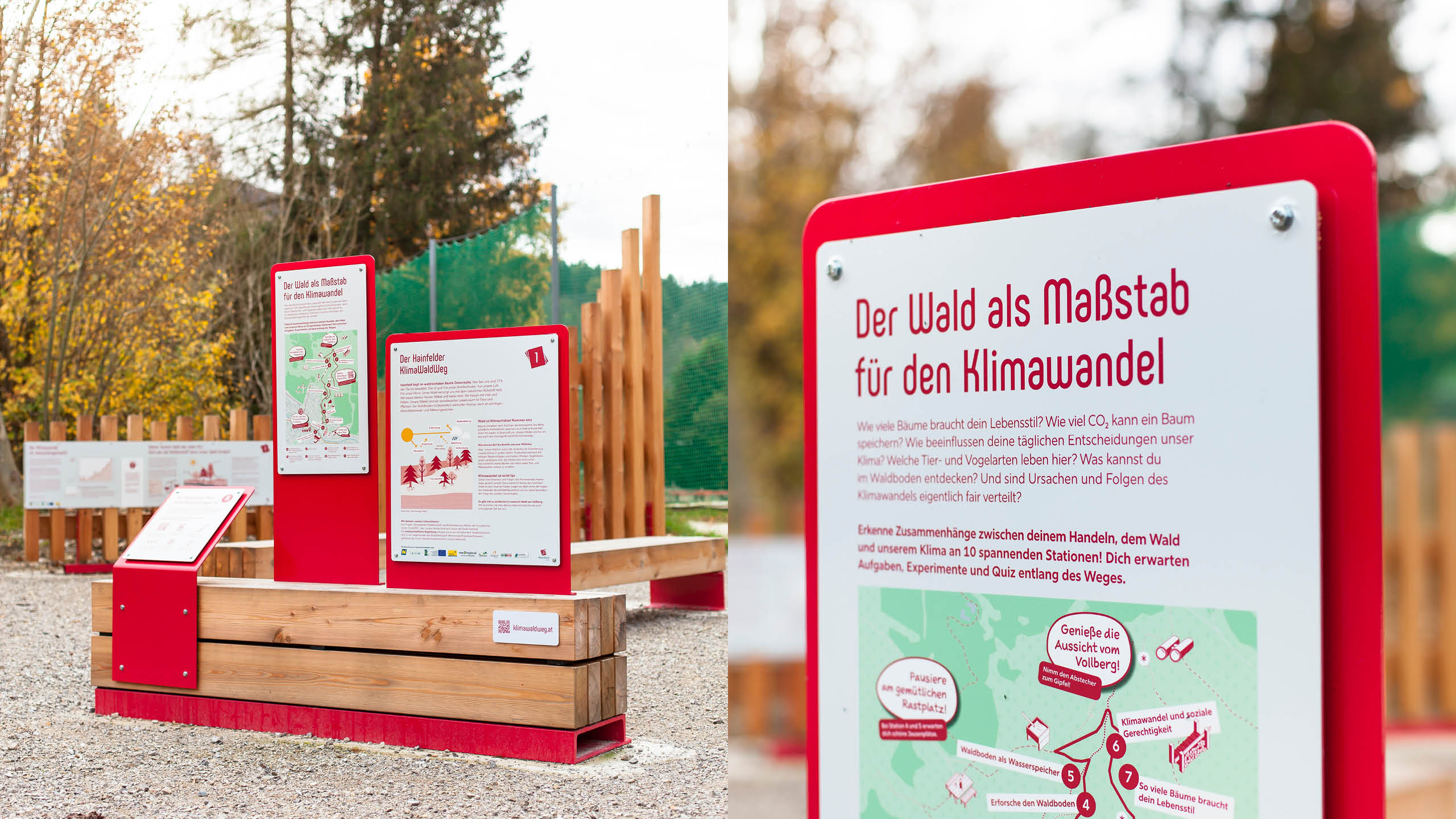 Infotafeln am Einstieg des KlimaWaldWeg Hainfeld erklären den Zusammenhang zwischen Wald, Klima und Alltagshandeln – mit interaktiven Karten und Fragestellungen zum Klimawandel.