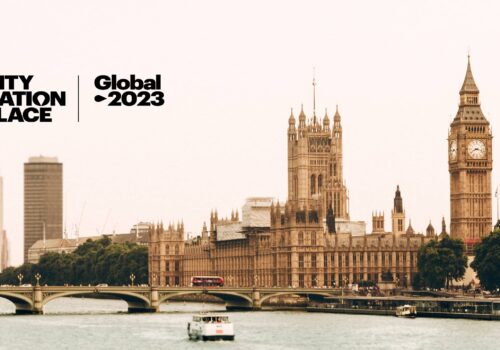 City Nation Place 2023 in London. Blick auf London von der Themse, auf der rechten Siete ist der Big Ben zu sehen.