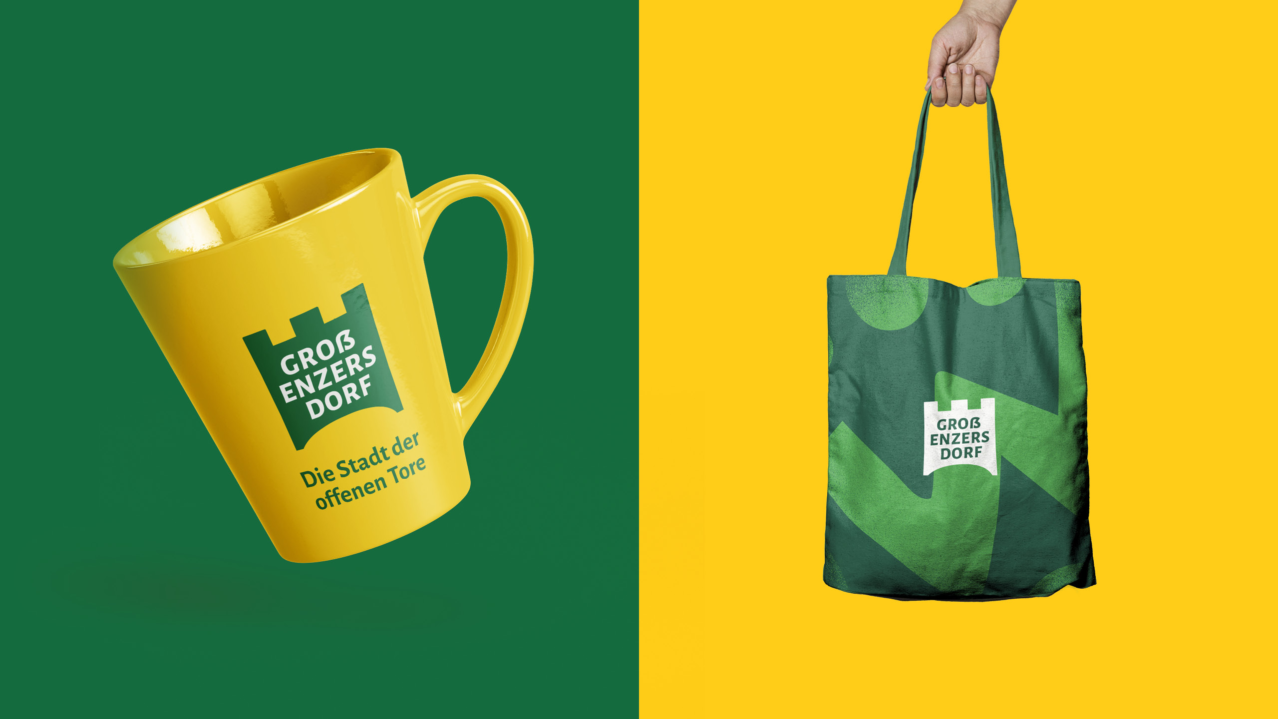Gelbe Tasse und grüne Stofftasche mit Stadtlogo von Groß-Enzersdorf – kreative Stadtmarken-Merchandise im Corporate Design.