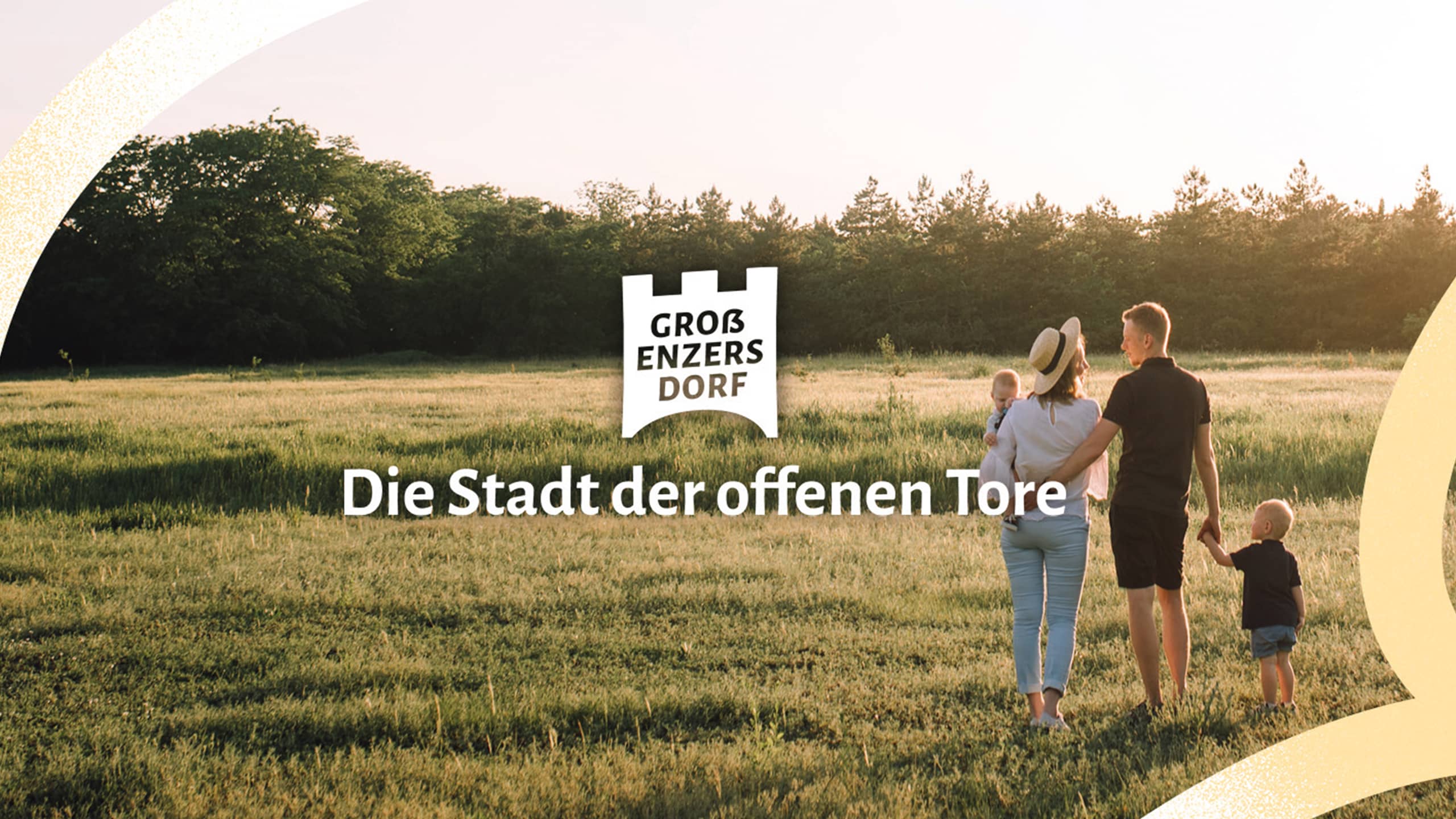 Neuer Markenauftritt von Groß-Enzersdorf mit Logo, Claim „Die Stadt der offenen Tore“ und stimmungsvoller Bildwelt für naturverbundenes Stadtleben.