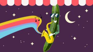 Keyvisual der Langen nacht der Wiener Märkte mit einer Gurke, die Saxophon spielt, aus dem farbige Wellen kommen. Hintergrudn mit Sternenhimmel und rot-weisser Markise.