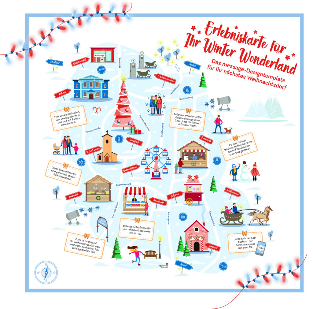 Message_Weihnachten_2023_Karte_300x300_RZ Illustration einer weihnachtlichen Erlebniskarte für Städte: Das Design-Template zeigt Stationen eines Weihnachtsdorfs – von Christbaum über Eislaufplatz bis zur Markthütte – ideal für Stadtmarketing zur Adventzeit.