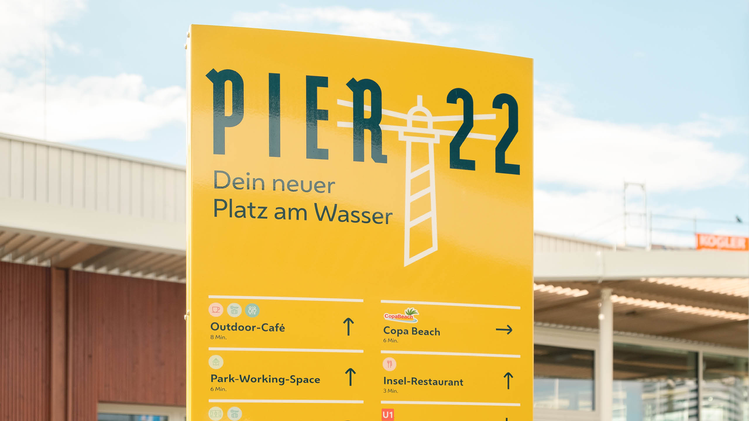 Nahaufnahme der Pier-22-Stehle mit gelbem Hintergrund, Richtungsangaben zu Cafés, Copa Beach und dem Insel-Restaurant unter klarem Sommerhimmel.