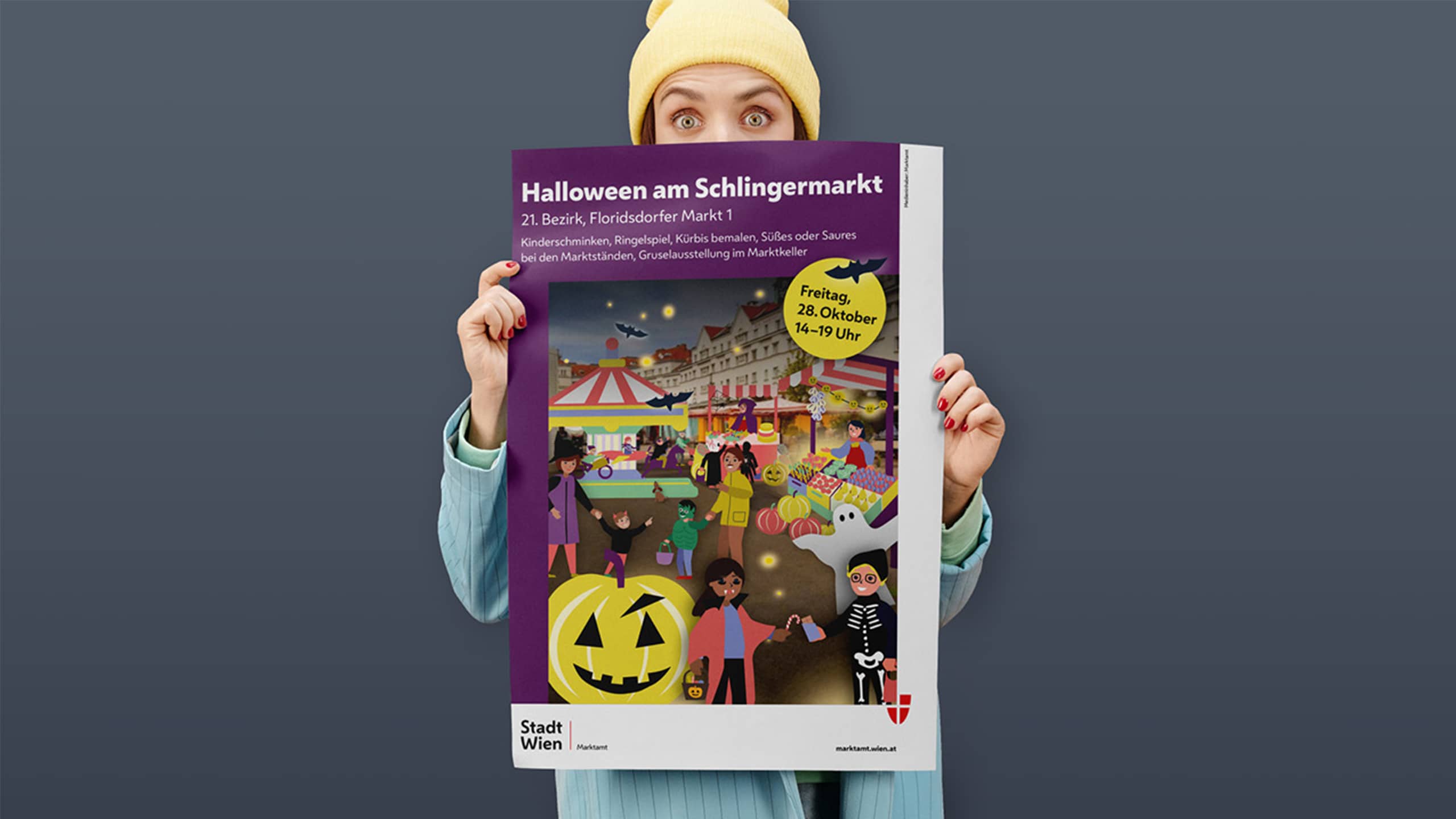 Eventbranding-Plakat der Stadt Wien für „Halloween am Schlingermarkt“ mit Illustrationen, Programminfos und auffälligem Design – emotionale Bürgerkommunikation zum Stadtteil-Event.