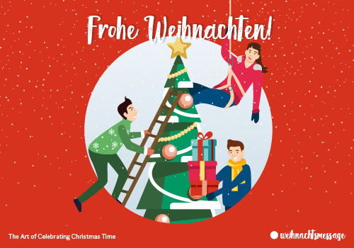 Illustration zur Weihnachts-Journey als kreative Weihnachtsmessage: Drei Figuren schmücken gemeinsam einen Weihnachtsbaum – mit Humor, Geschenken und Stadtgefühl. Frohe Weihnachten von message – The Art of Celebrating Christmas Time.